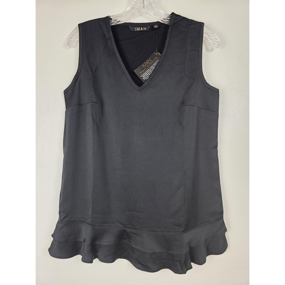 IMAN Global Chic Sleeveless Blouse Womens XS Black Ruffle Hem Tunic Top New Tags